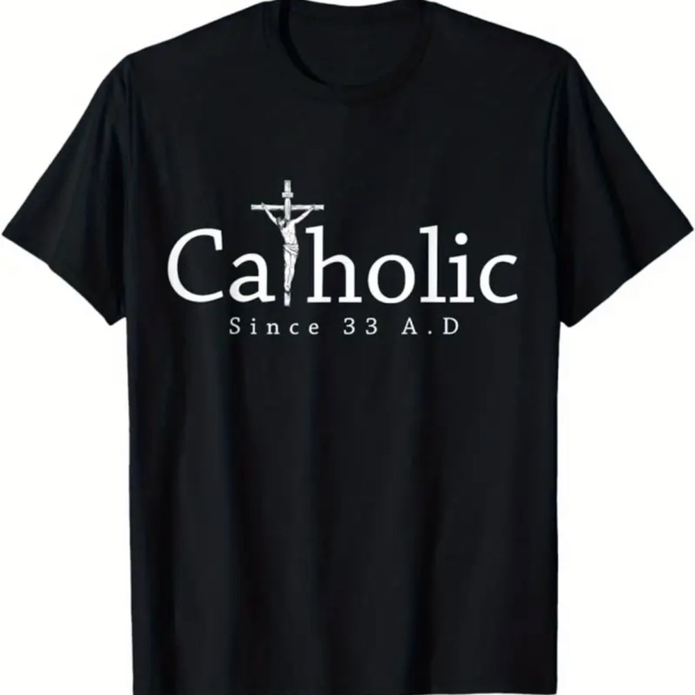 Black SS Catholic Since 33AD white Cross Graphic T-Shirt for Men Size L New
